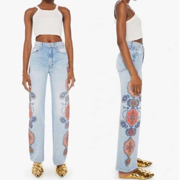 NWT MOTHER Lil' Maven Sneak Wide Leg High Waist Baggy Boho Printed Jeans Size 30 - Picture 2 of 5